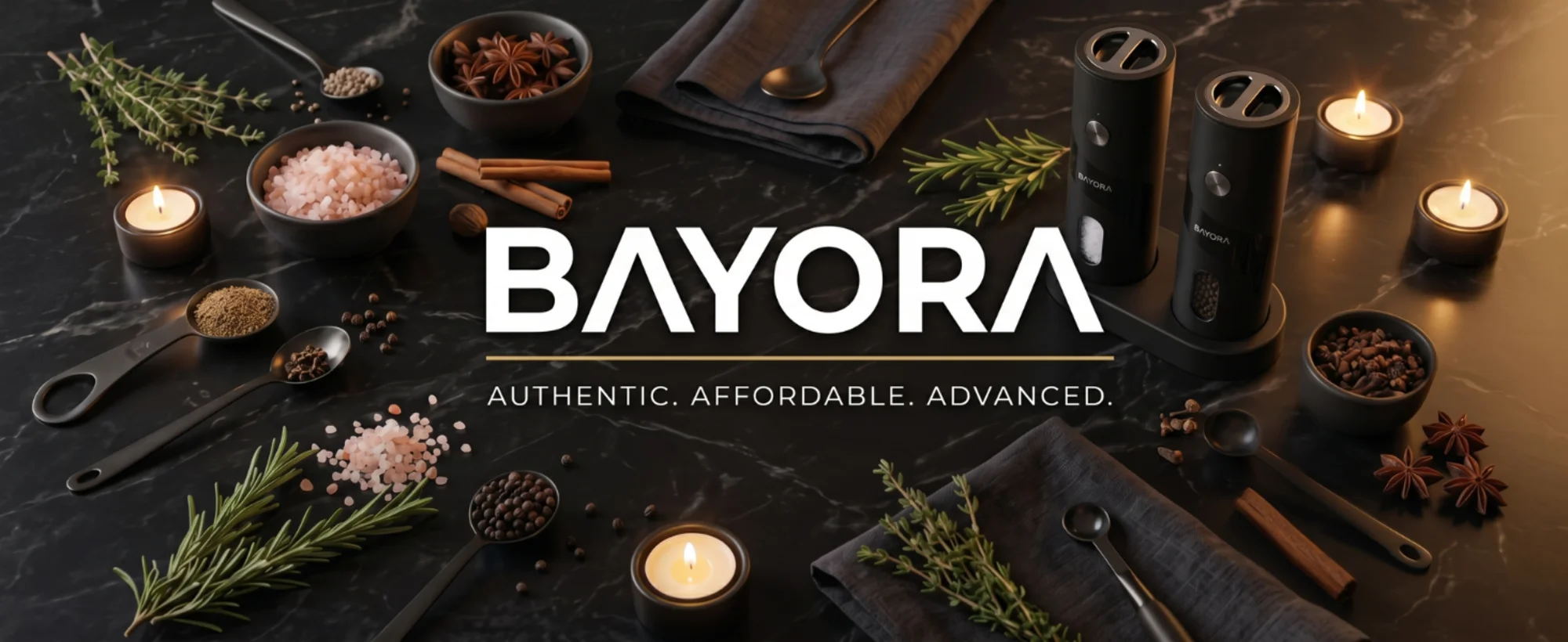 BAYORA grinder set styled with spices and candles